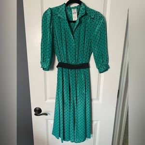 Vintage 80s Petite Polka Dot Teal Midi Dress - Size 8